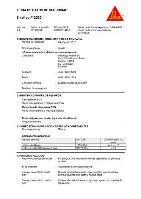 Sikafloor Msds Hoja De Datos Versi N Fecha De Revisi N