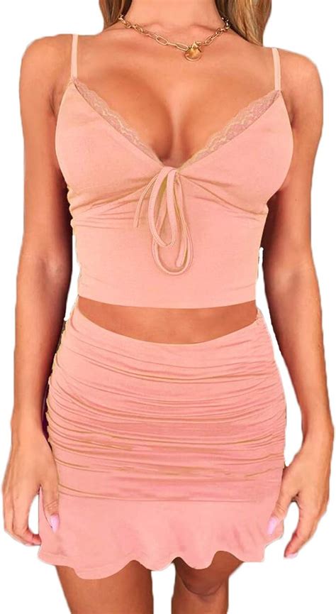 Women 2 Piece Skirt Outfits Sexy Deep V Neck Crop Cami Top Ruched Ruffle Mini Skirt Set Bodycon