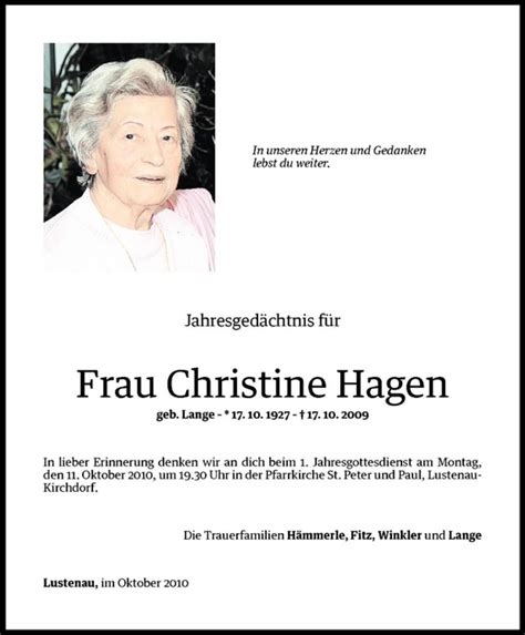 Todesanzeigen Von Christine Hagen Todesanzeigen Vorarlberger Nachrichten