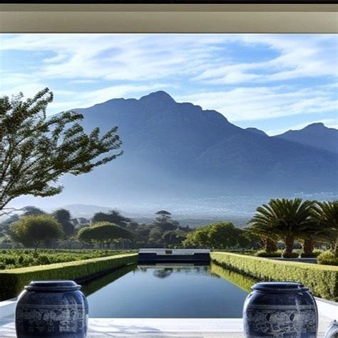 Two Blue Vases Sitting On Top Of A Table Next To A Pool With Mountains