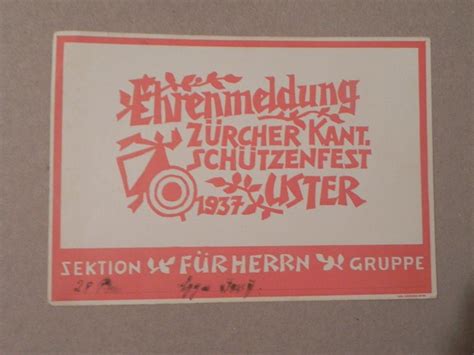 Ehrenmeldung Karte Kant Schützenfest Tir Uster ZH 1937 Kaufen auf