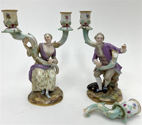 Lot Pair Of Antique Meissen Porcelain Candlesticks