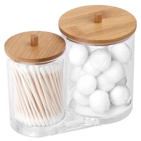 Miuline Cotton Swab Ball Pad Holder With Bamboo Lid Acrylic Q Tip