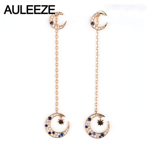 AULEEZE Unique Natural Real Sapphire Diamond Moon Drop Earrings For