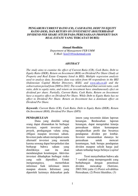 PDF PENGARUH CURRENT RATIO CR CASH RATIO DEBT TO EQUITY RATIO