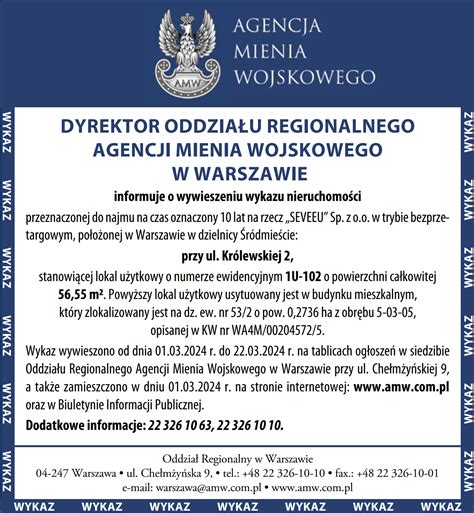 Dyrektor Oddzia U Regionalnego Amw W Warszawie Informuje O Wywieszeniu