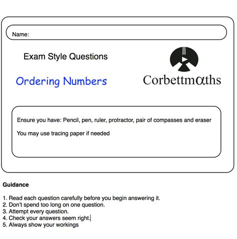 Ordering Numbers Practice Questions Corbettmaths Worksheets Library