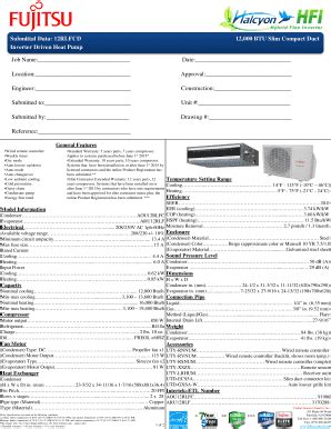 Fillable Online Submittal Data 12RLFCD 12 000 BTU Slim Compact Duct