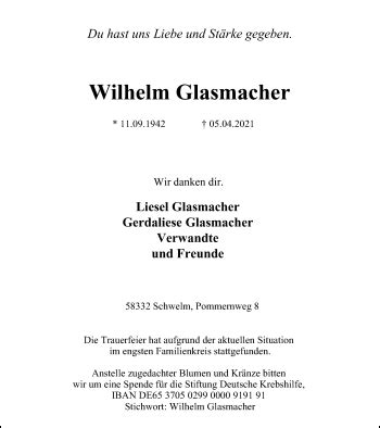 Traueranzeigen Von Wilhelm Glasmacher Trauer In NRW De