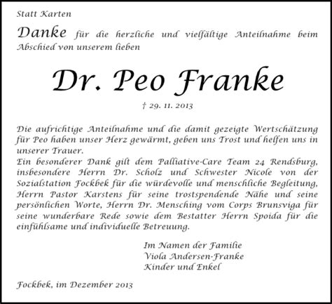 Traueranzeigen Von Dr Peo Franke Sh Z Trauer