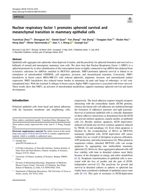 Nuclear Respiratory Factor 1 Promotes Spheroid Survival And Mesenchymal