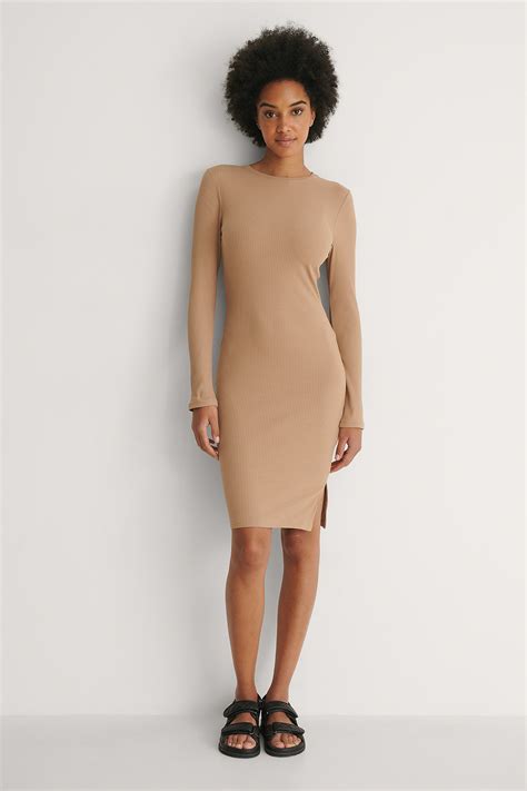 Ribbed Long Sleeve Dress Beige Na