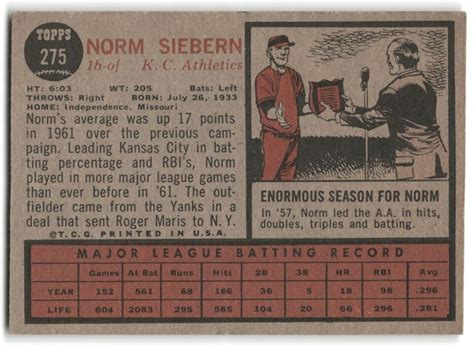 1962 TOPPS EX EXMINT 275 NORM SIEBERN EBay