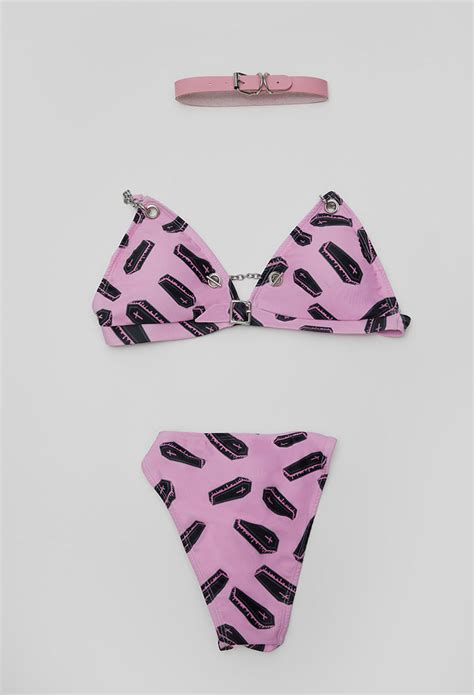 Women Gothic Pink Coffin Pattern Two Piece Swimsuit Bikini Set Punk Style Top And Briefs