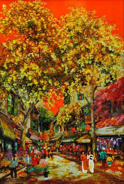 Spring Covers Street II Vietnamese Lacquer Painting By Artist Giap