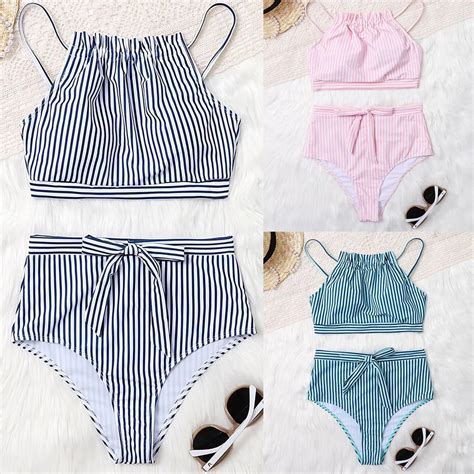 Women Sexy Two Piece Bikini Striped Printing Swimwear Swimsuit