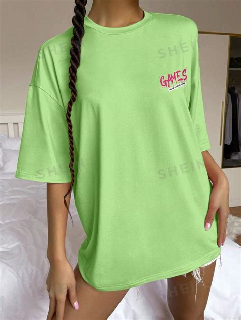 Shein Coolane Casual Oversized Off Shoulder T Shirt With Letter Print