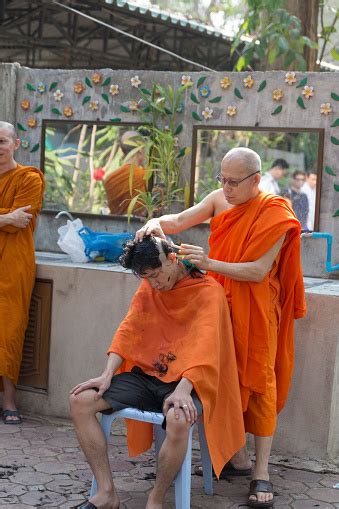 Monk Shave Mans Hair Before Buddhist Monk Ordination Ceremony Stock ...