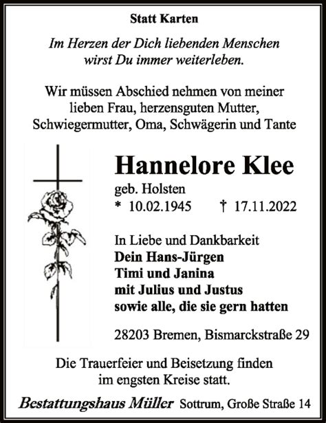 Traueranzeigen Von Hannelore Klee Trauer Kreiszeitung De