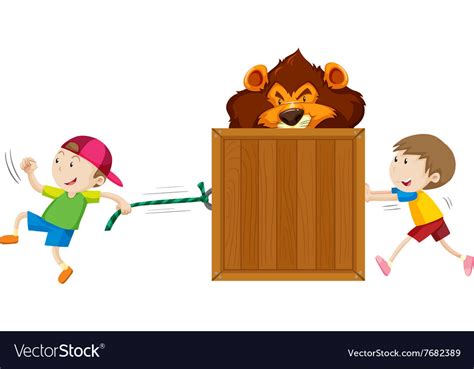 Boys Pulling And Pushing Box Of Tiger Royalty Free Vector