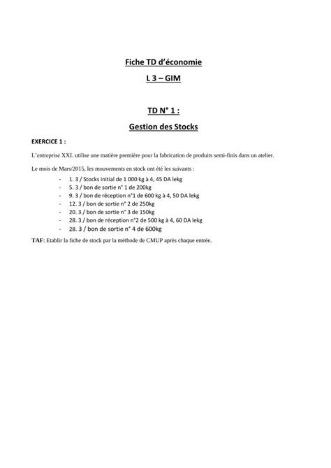 Pdf Fiche Td D Conomie L Gim Td N Gestion Des Stocks