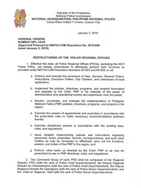 NHQ-PNP General Orders No. DPL-18-03 PRO 9 | PDF