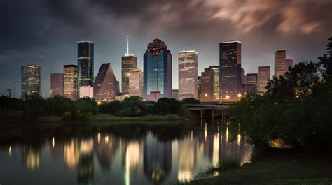 View Of A Houston City Skyline At Night Background, Picture Of Houston ...