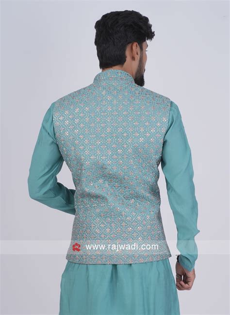 Rama Blue Readymade Silk Nehru Jacket Set