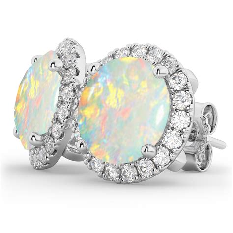 Halo Round Opal Diamond Earrings 14k White Gold 3 17ct Clear845