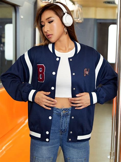 Shein Ezwear Letter Patched Drop Shoulder Varsity Jacket Em