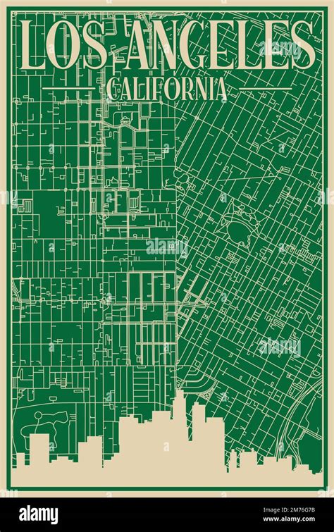 Green Hand Drawn Framed Poster Of The Downtown Los Angeles California