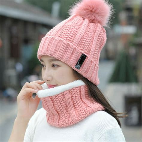 Focusnorm 2pcs Scarf Hat Set Women Winter Warm Solid Pompoms Knitted