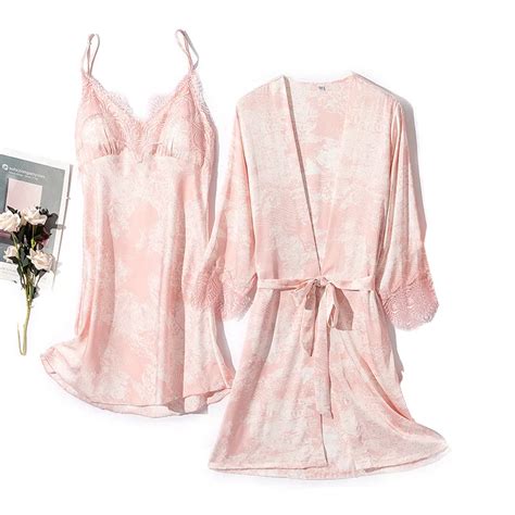 Women Sleepwear 2pcs Robe Set Satin Kimono Bathrobe Gown Print Flower