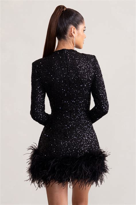 Claudia Black Sequin High Neck Feather Hem Mini Dress With Long Slee