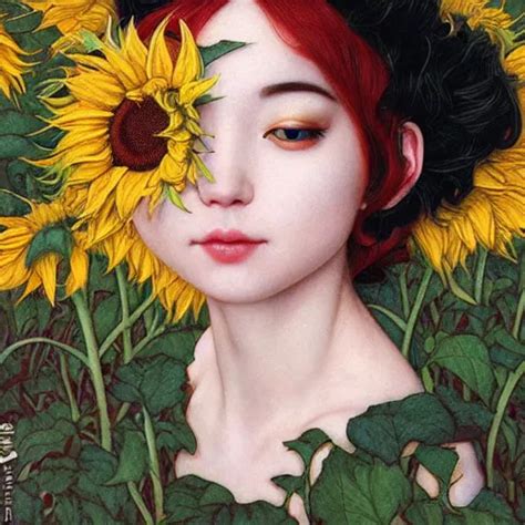 White Cat Girl Black Hair Botanical Sunflower Stable Diffusion