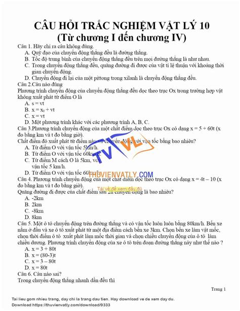 [doc] Tổng Hợp Bài Tập Trắc Nghiệm Vật Lí 10 Thư Viện Vật Lý