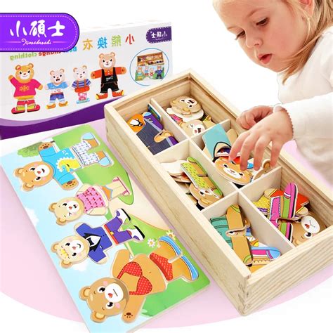 Wooden Bear Change Clothing Jigsaw Puzzle toys for children Kids Early Education Intelligence ...