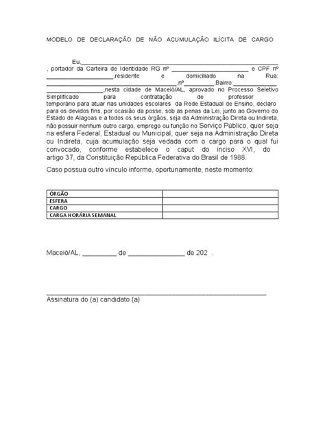 Modelo De Declaração De Não Acumulação Ilícita De Cargo Modelo Pronto Pdf