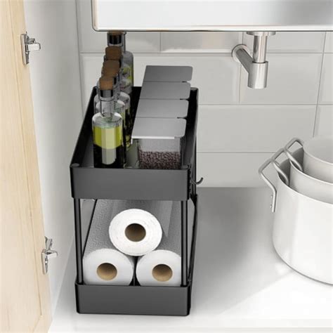 2-Tier Under Sink Shelf Organizer Space Saving Under Bathroom Sink Storage Rack With 4 Hooks, 1 ...