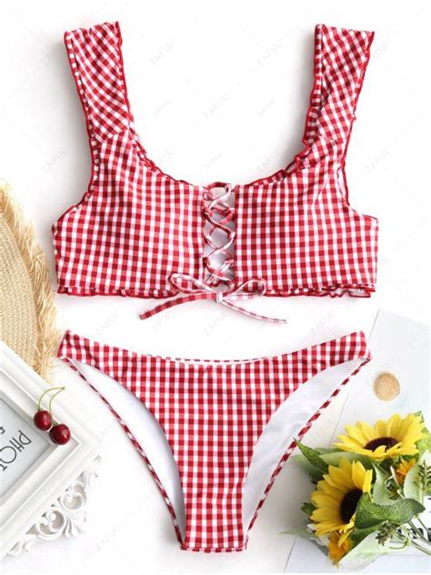 Off Gingham Lace Up Bralette Bikini Set In Red And White Zaful