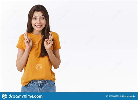 Cheerful Hopeful And Optimistic Cute Sligtly Nervous Brunette Girl Having Faith In Herself