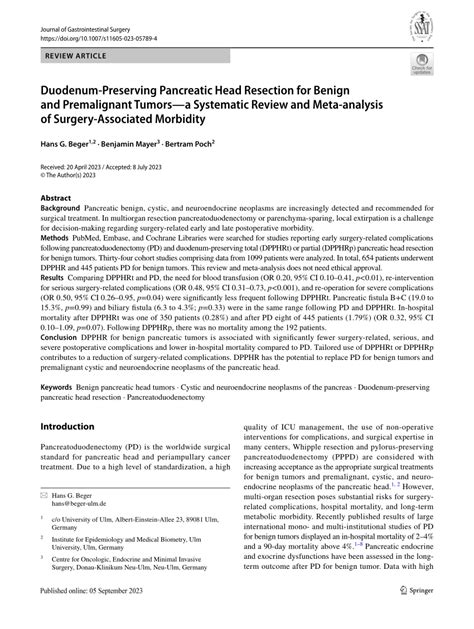 Pdf Duodenum Preserving Pancreatic Head Resection For Benign And Premalignant Tumors—a