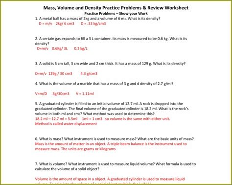 Density Mass Volume Worksheet With Answers