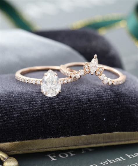 Pear Shaped Moissanite Engagement Ring Set Vintage Engagement Ring Rose