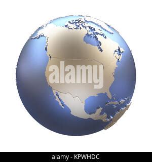 North America On Metallic Model Of Planet Earth Shiny Steel Continents