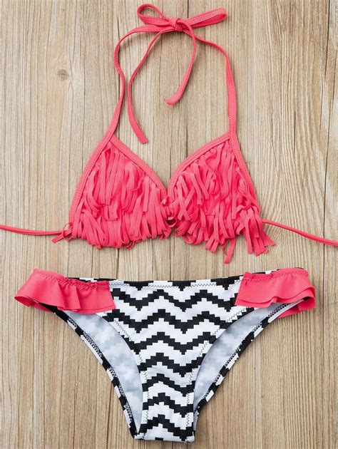 Off Sexy Women S Halter Zig Zag Print Fringed Ruffled Bikini