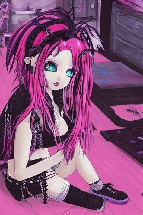 Prompthunt Goth Chibi Anime Girl With Pink Dreads Sitting On The Floor