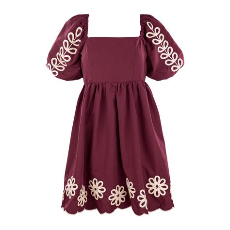 Maroon Puff Sleeve Embroidered Square Neck Dress