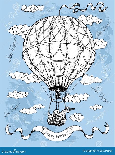 Happy Birthday Card With Hot Air Balloon On Blue Stock Vector