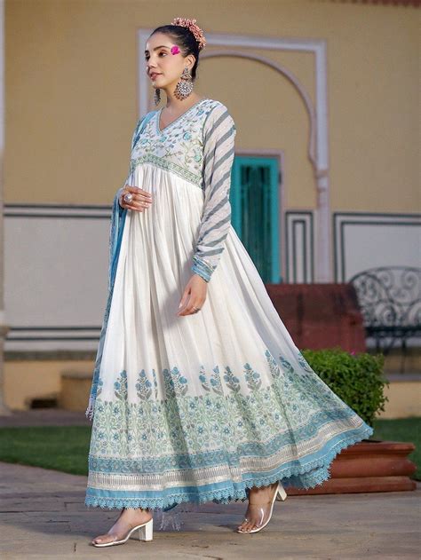 Buy Sky Blue Hand Block Printed Cotton Mulmul Gown With Dupatta Set